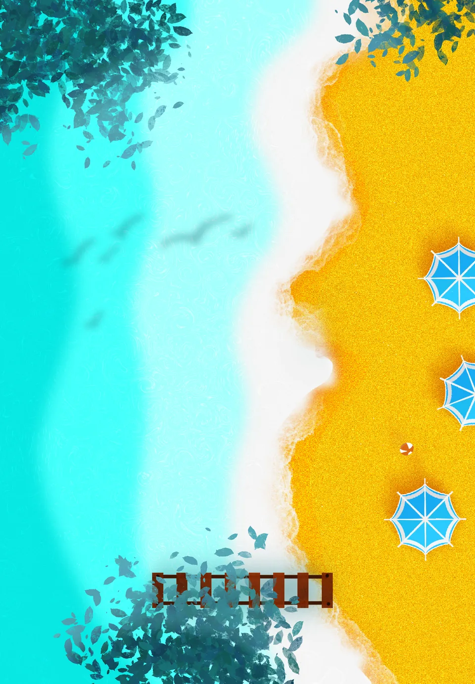 A beach seen from above: turquoise water, golden sand, blue umbrellas and a small wooden jetty under leafy branches.