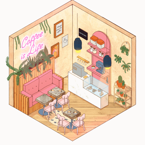 An isometric café corner with pink chairs, plants, a coffee bar and a neon sign reading "Coffee is Life".