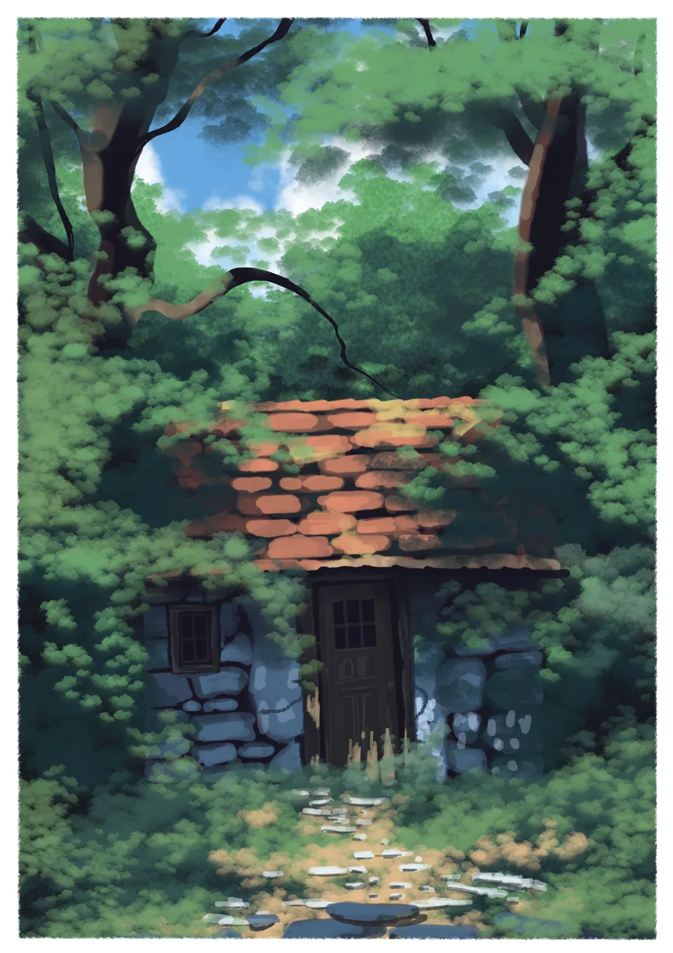 A stone cottage with a red tiled roof, almost hidden by dense green trees, sunlight on a stepping-stone path.