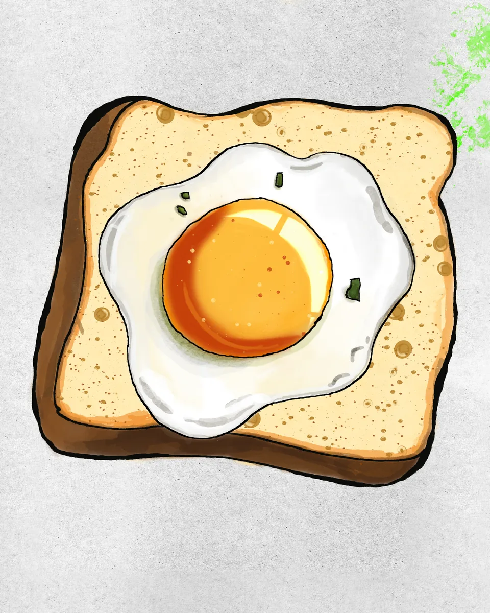 A fried egg on a slice of toast, inked and painted, on a pale grey background.