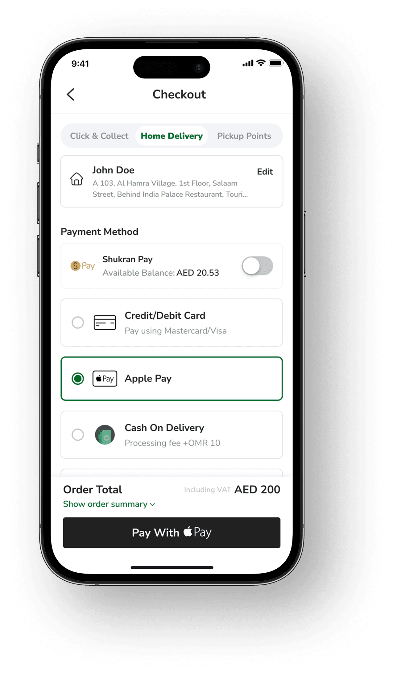 Redesigned checkout screen with saved address and Apple Pay selected