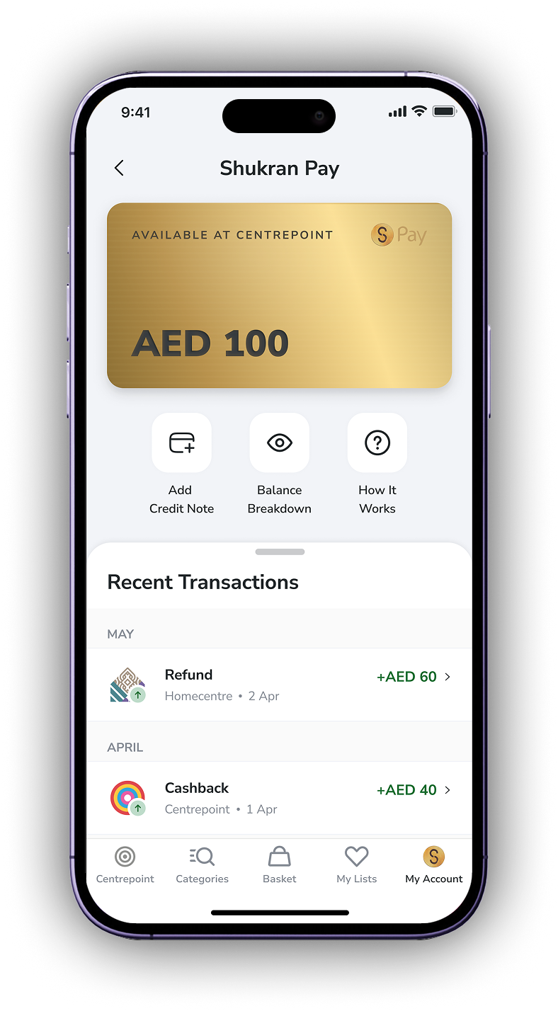 Shukran Pay wallet home: brand-locked balance card and recent transactions